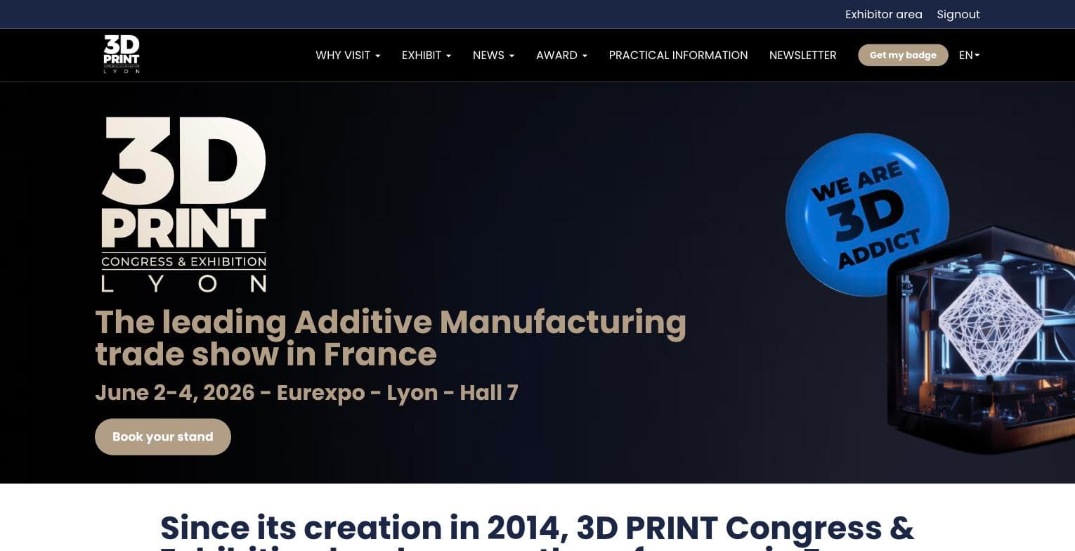 Site officiel 3D Print Congress & Exhibition Lyon 2026 — fabrication additive, 2-4 juin, Eurexpo