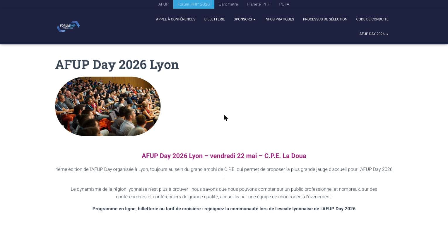 Page officielle de l'AFUP Day 2026 Lyon — vendredi 22 mai au CPE La Doua, Villeurbanne