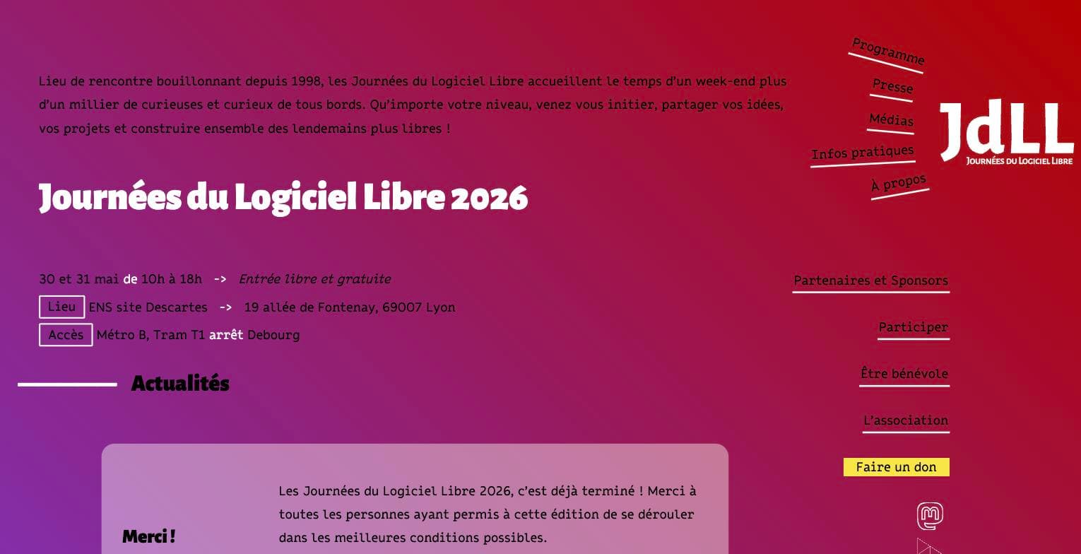 Site officiel JdLL 2026 — Journées du Logiciel Libre, 30-31 mai, ENS Lyon