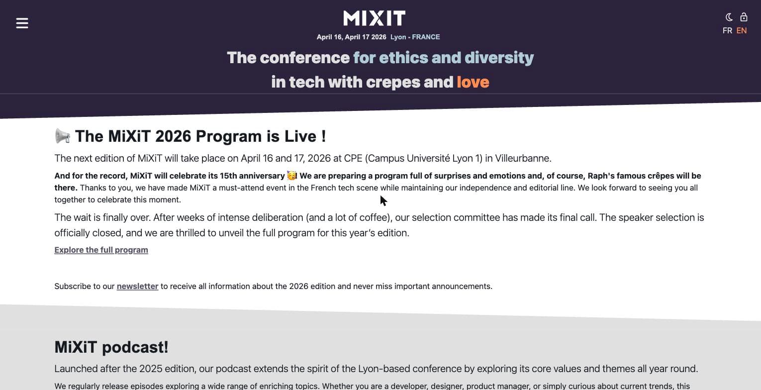 Site officiel MiXiT 2026 — conférence tech à Lyon, 16-17 avril, CPE Villeurbanne
