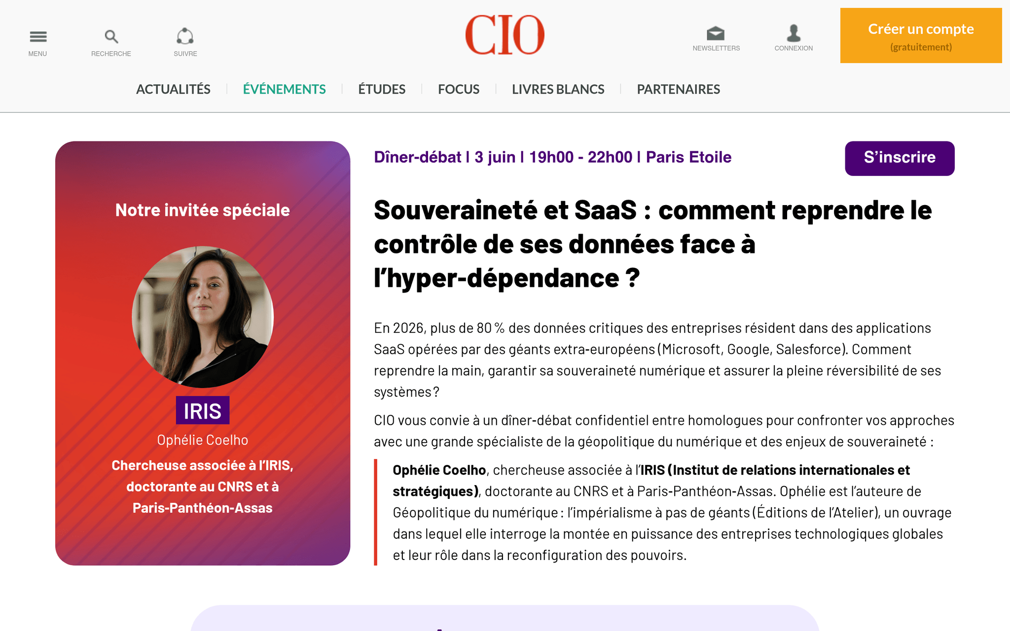 CIO : Dîner-débat Souveraineté et SaaS — Paris, événement Tier 3 sélectionné par Agenda Tech