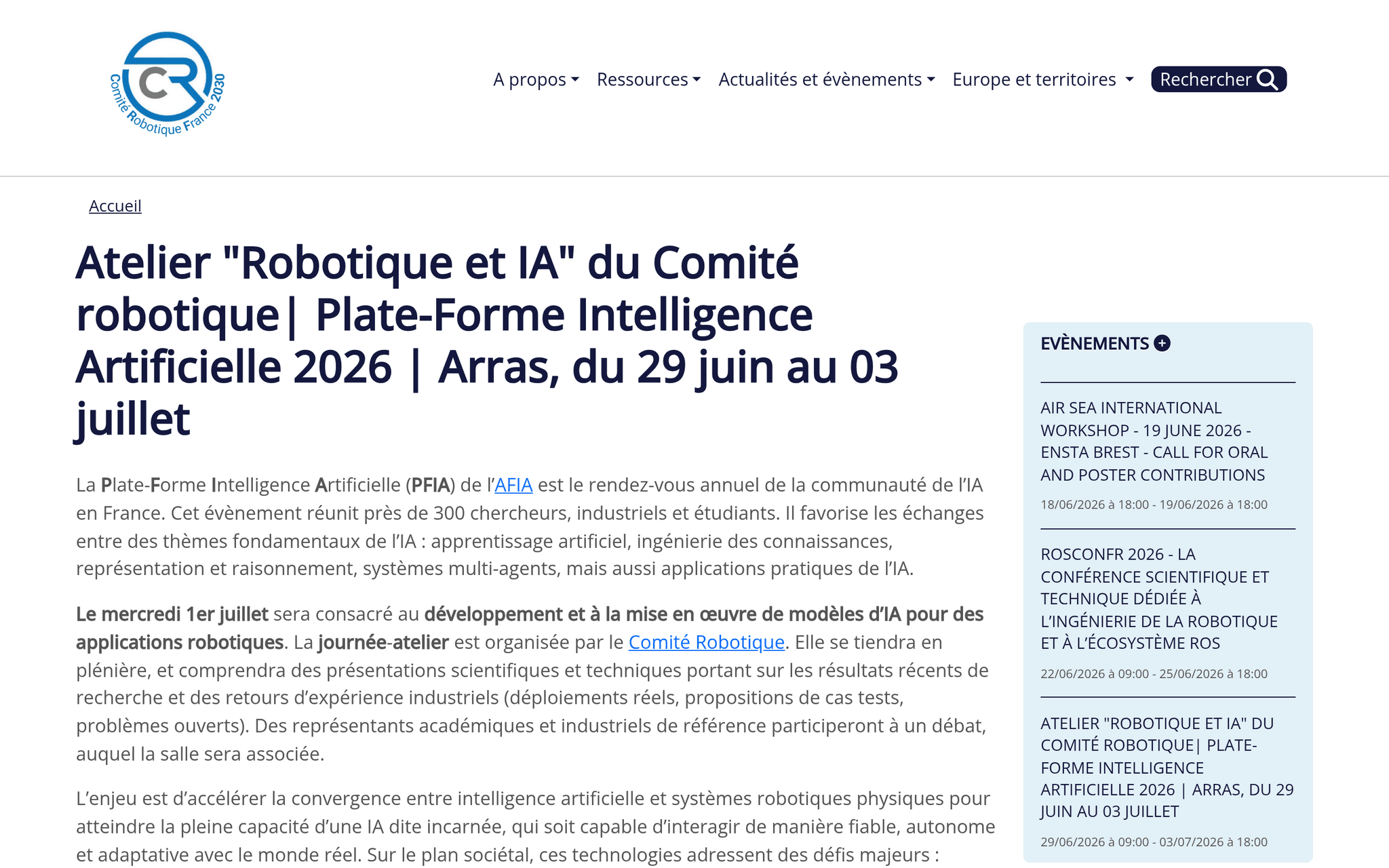 Atelier Robotique et IA du Comité Robotique — Arras, événement Tier 3 sélectionné par Agenda Tech